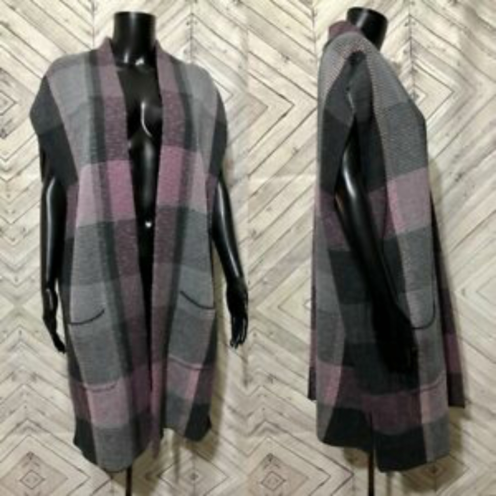 Chaps sleeveless plaid long cardigan sweater vest